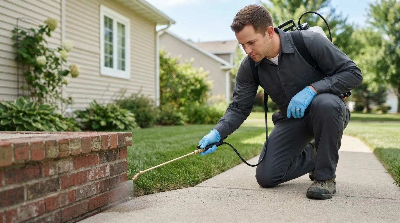 Pest control technician treating a home near Chester, TX