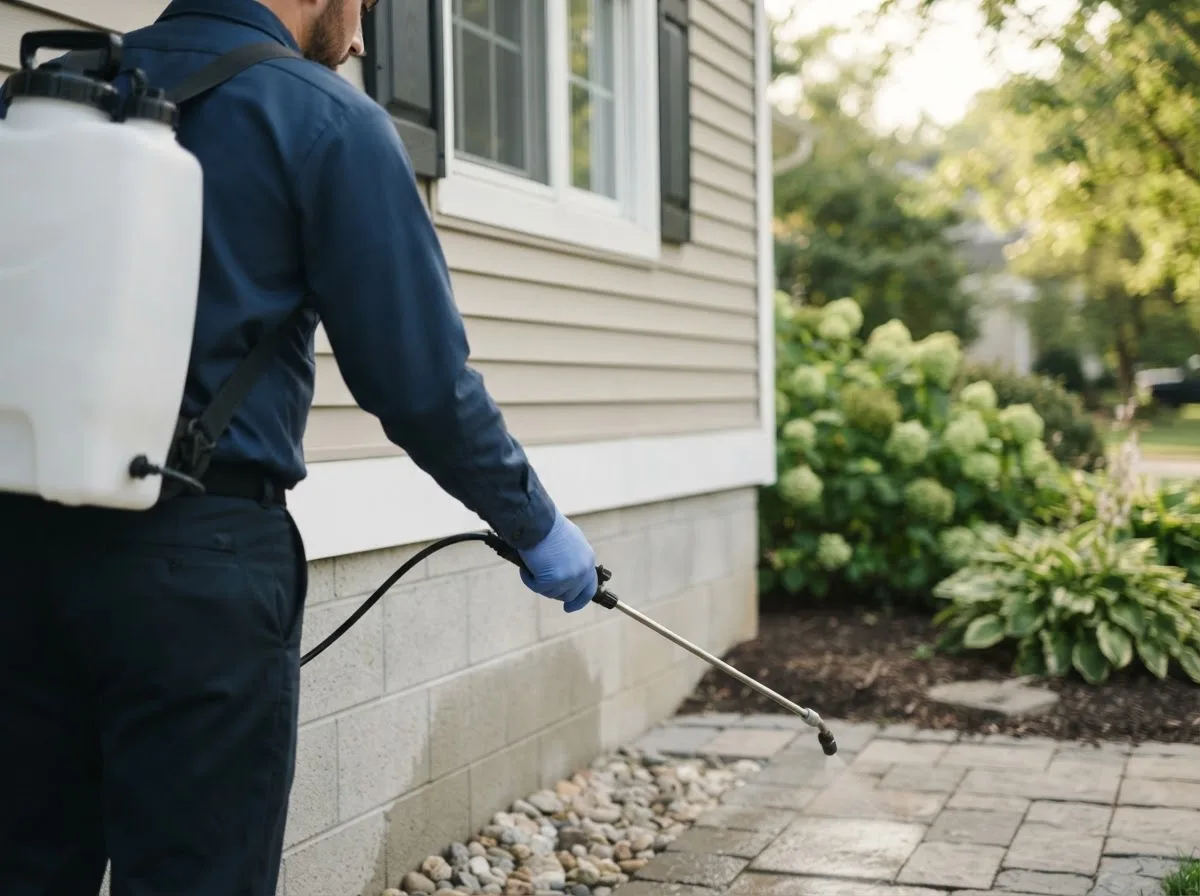 Pest control technician inspecting a home in Chester, TX